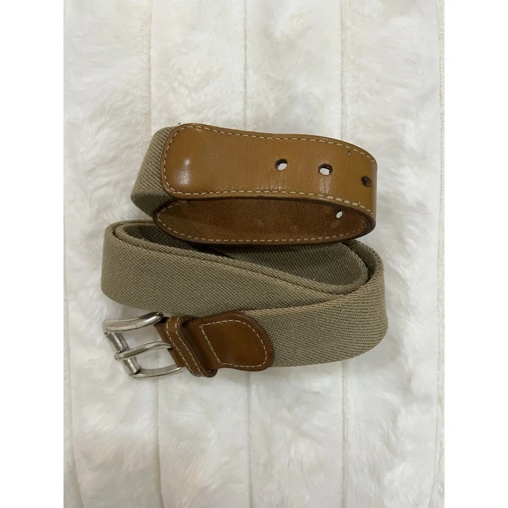 L.L. Bean‎ Stretch Canvas Belt Mens 46 Brown Leather Trim Khaki Woven Excellent